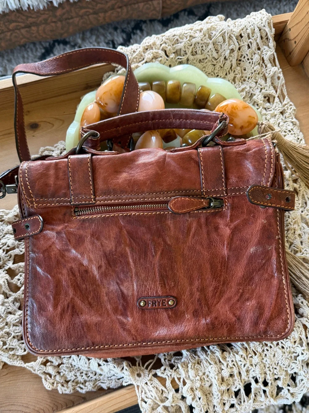 Frye Cameron Antique Cognac Pull Up Brown Leather Crossbody Satchel Bag Purse